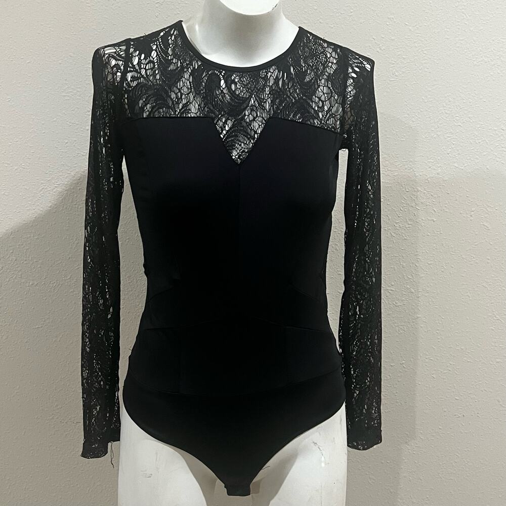bebe Black Lace Long-Sleeve Bodysuit